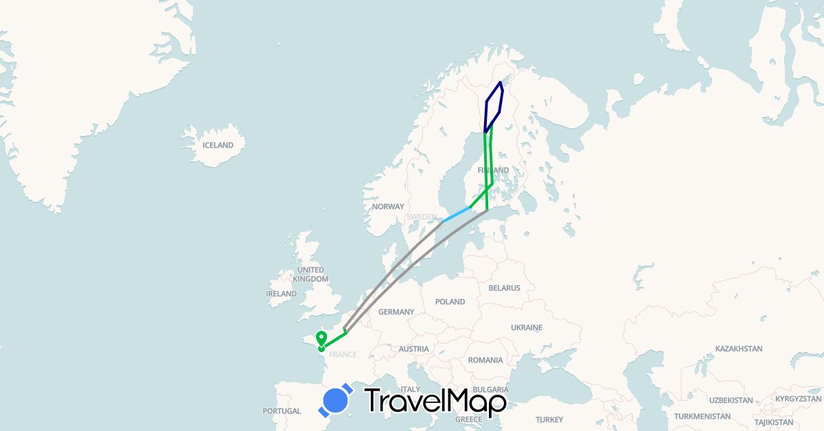 TravelMap itinerary: driving, bus, plane, train, boat in Finland, France, Sweden (Europe)